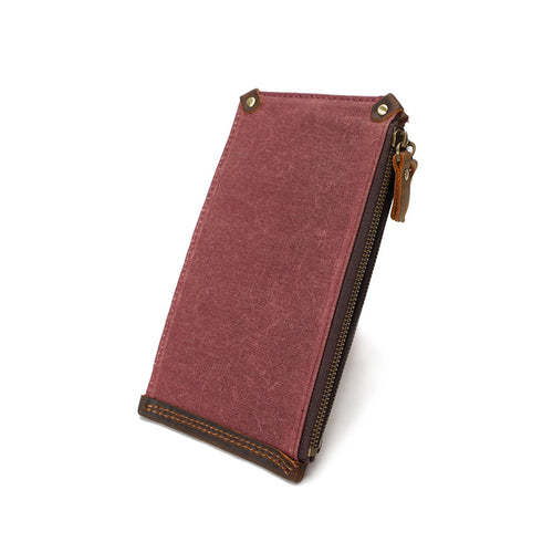 KAUKKO Canvas Wallet Long Multi-card Wallet Retro Style Waterproof Men's Wallet Folding Zipper Canvas Bag Red