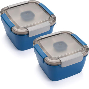 KAUKKO Salad Lunch Containers To Go, 52 oz Salad Bowls with 3 Compartments, Salad Tupperware for Salad Toppings, Men, Women(Blue+Blue)