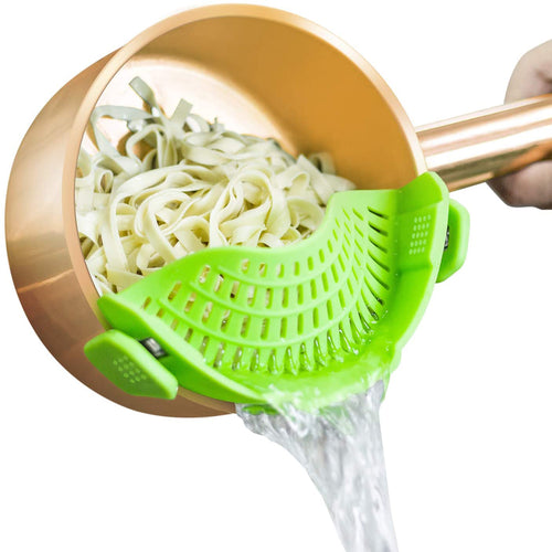 KAUKKO Clip On Strainer Silicone for All Pots and Pans, Pasta Strainer Clip on Food Strainer for Meat Vegetables Fruit Silicone Kitchen Colander 2pc Green