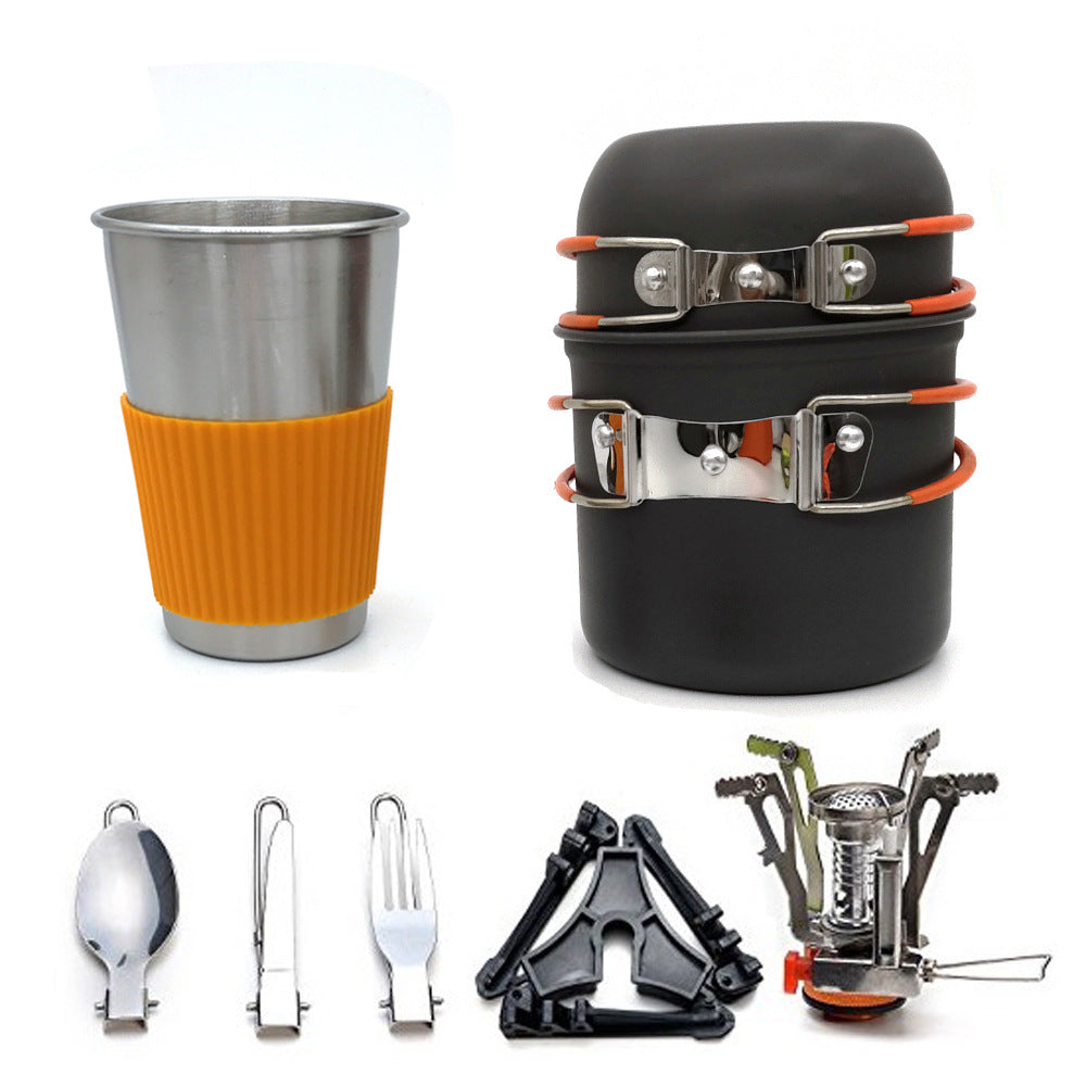 KAUKKO Camping Cookware Stove Carabiner Canister Stand Tripod and Stainless Steel Cup, Tank Bracket, Fork Spoon Kit Orange