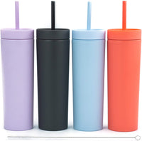 KAUKKO SKINNY TUMBLERS (4 pack) Matte Pastel Colored Acrylic Tumblers with Lids and Straws |16oz Double Wall Plastic Tumblers With Straw Cleaner INCLUDED! Reusable Cup With Straw | Vinyl DIY Gifts