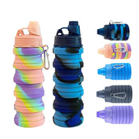 KAUKKO Collapsible Water Bottles, 18oz Reuseable BPA Gym Camping Hiking, Portable Sports Water Bottle with Carabiner（C Pink+Blue）