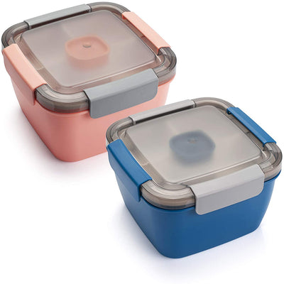 KAUKKO Salad Lunch Containers To Go, 52 oz Salad Bowls with 3 Compartments, Salad Tupperware for Salad Toppings, Men, Women(Blue+Pink)
