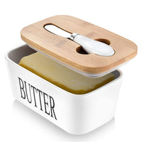 KAUKKO Large Butter Dish with Lid Ceramics Butter Keeper Container with Knife and High- quality Silicone Sealing Butter Dishes with Covers White