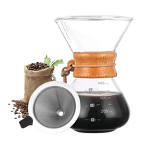 KAUKKO Pour Over Coffee Maker,  Paperless Glass Carafe with Stainless Steel Filter Reusable Glass Coffee Pot Manual Coffee Dripper Brewer (400 ml)