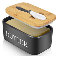 KAUKKO Large Butter Dish with Lid Ceramics Butter Keeper Container with Knife and High- quality Silicone Sealing Butter Dishes with Covers Black