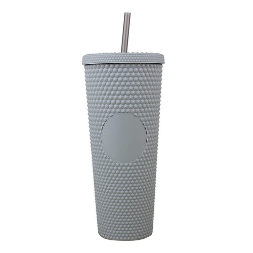 KAUKKO 24oz Diamond Studded Water Bottle Tumbler with Straw, Rubber Coated Matte Finish Textured Honeycomb Spiky Touch Cup, 100% BPA Free, Insulated Cold Only, Leak Proof, Wide Mouth for Easy Cleaning Grey