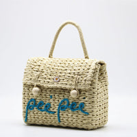 KAUKKO Straw bag woven bag handmade rattan bag tote bag hand-held shoulder Hand Woven Bag Alphabet Straw Bag for Women White