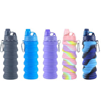 KAUKKO Collapsible Water Bottles, 18oz Reuseable BPA Gym Camping Hiking, Portable Sports Water Bottle with Carabiner（A Grey+Purple）