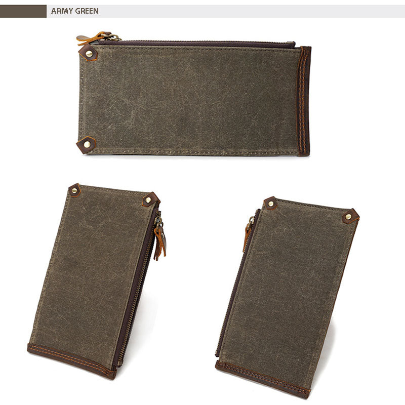 KAUKKO Canvas Wallet Long Multi-card Wallet Retro Style Waterproof Men's Wallet Folding Zipper Canvas Bag Army green
