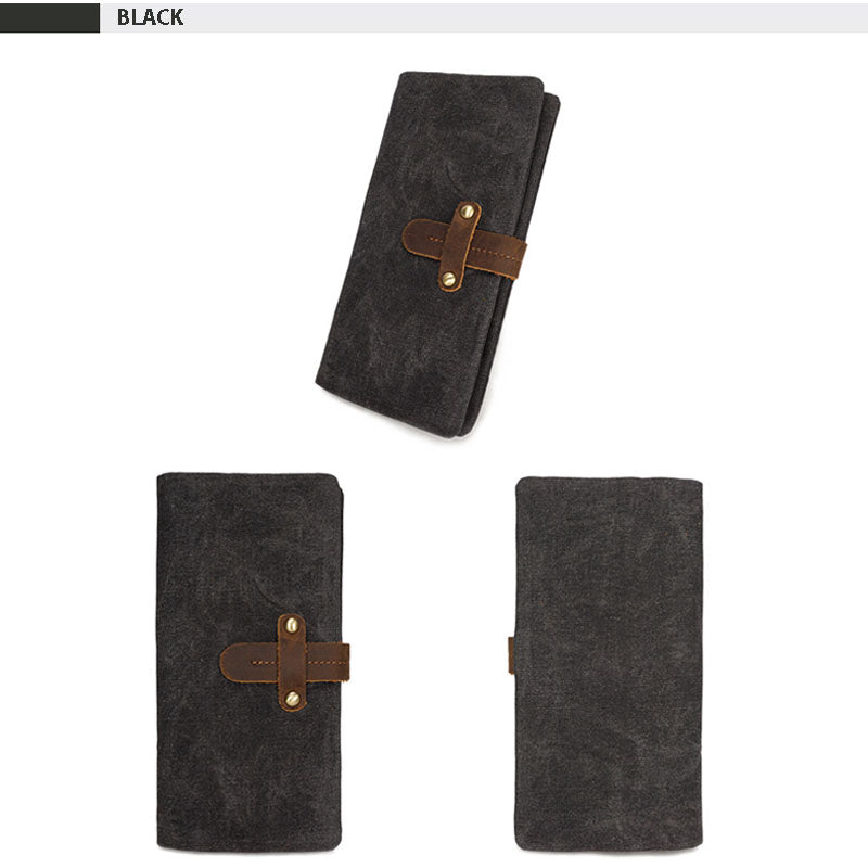 KAUKKO Canvas Long Wallet Drawstring Retro Multifunctional Waterproof Wallet Fashion Men's Bag Black