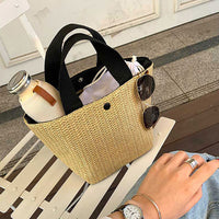 KAUKKO Seaside Summer Beach Vacation Summer Pastoral Style Woven Bag Retro Hand-Held Straw Bag for Women Black