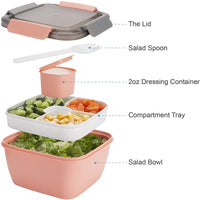 KAUKKO Salad Lunch Containers To Go, 52 oz Salad Bowls with 3 Compartments, Salad Tupperware for Salad Toppings, Men, Women(Pink+Pink)