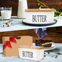 KAUKKO Large Butter Dish with Lid Ceramics Butter Keeper Container with Knife and High- quality Silicone Sealing Butter Dishes with Covers White