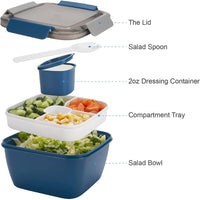 KAUKKO Salad Lunch Containers To Go, 52 oz Salad Bowls with 3 Compartments, Salad Tupperware for Salad Toppings, Men, Women(Blue+Blue)