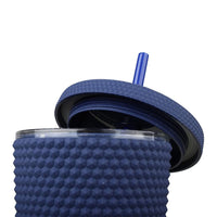 KAUKKO 24oz Diamond Studded Water Bottle Tumbler with Straw, Rubber Coated Matte Finish Textured Honeycomb Spiky Touch Cup, 100% BPA Free, Insulated Cold Only, Leak Proof, Wide Mouth for Easy Cleaning Dark blue