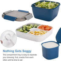 KAUKKO Salad Lunch Containers To Go, 52 oz Salad Bowls with 3 Compartments, Salad Tupperware for Salad Toppings, Men, Women(Blue+Blue)