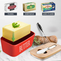 KAUKKO Large Butter Dish with Lid Ceramics Butter Keeper Container with Knife and High- quality Silicone Sealing Butter Dishes with Covers Red