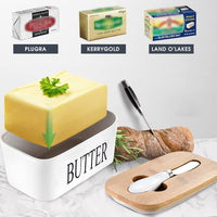 KAUKKO Large Butter Dish with Lid Ceramics Butter Keeper Container with Knife and High- quality Silicone Sealing Butter Dishes with Covers White
