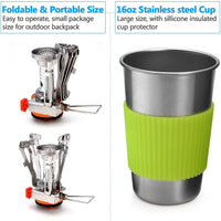 KAUKKO Camping Cookware Stove Carabiner Canister Stand Tripod and Stainless Steel Cup, Tank Bracket, Fork Spoon Kit Orange