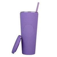 KAUKKO 24oz Diamond Studded Water Bottle Tumbler with Straw, Rubber Coated Matte Finish Textured Honeycomb Spiky Touch Cup, 100% BPA Free, Insulated Cold Only, Leak Proof, Wide Mouth for Easy Cleaning Purple