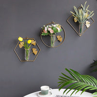 KAUKKO Modern Wall Planter, Metal Wire Geometric patterns Design Wall-Mounted Shelves with glass Flower Pot, Air Plant Container Hanging Vase Hexagon