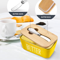 KAUKKO Large Butter Dish with Lid Ceramics Butter Keeper Container with Knife and High- quality Silicone Sealing Butter Dishes with Covers Yellow