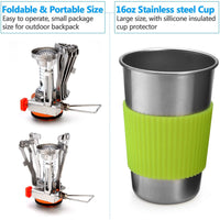 KAUKKO Camping Cookware Stove Carabiner Canister Stand Tripod and Stainless Steel Cup, Tank Bracket, Fork Spoon Kit Green