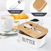 KAUKKO Large Butter Dish with Lid Ceramics Butter Keeper Container with Knife and High- quality Silicone Sealing Butter Dishes with Covers White