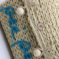 KAUKKO Straw bag woven bag handmade rattan bag tote bag hand-held shoulder Hand Woven Bag Alphabet Straw Bag for Women White