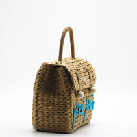 KAUKKO Straw bag woven bag handmade rattan bag tote bag hand-held shoulder Hand Woven Bag Alphabet Straw Bag for Women Khkai
