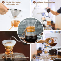 KAUKKO Pour Over Coffee Maker,  Paperless Glass Carafe with Stainless Steel Filter Reusable Glass Coffee Pot Manual Coffee Dripper Brewer (400 ml)