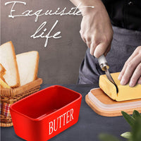KAUKKO Large Butter Dish with Lid Ceramics Butter Keeper Container with Knife and High- quality Silicone Sealing Butter Dishes with Covers Red