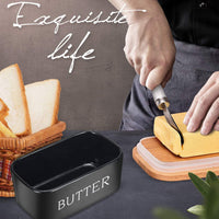 KAUKKO Large Butter Dish with Lid Ceramics Butter Keeper Container with Knife and High- quality Silicone Sealing Butter Dishes with Covers Black