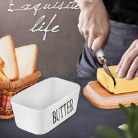 KAUKKO Large Butter Dish with Lid Ceramics Butter Keeper Container with Knife and High- quality Silicone Sealing Butter Dishes with Covers White