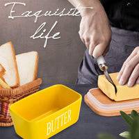 KAUKKO Large Butter Dish with Lid Ceramics Butter Keeper Container with Knife and High- quality Silicone Sealing Butter Dishes with Covers Yellow