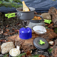 KAUKKO Camping Cookware Mess Kit and Pans Set - Portable Camping Stove and Backpacking Stove Compatible - Camp Accessories Equipment Green