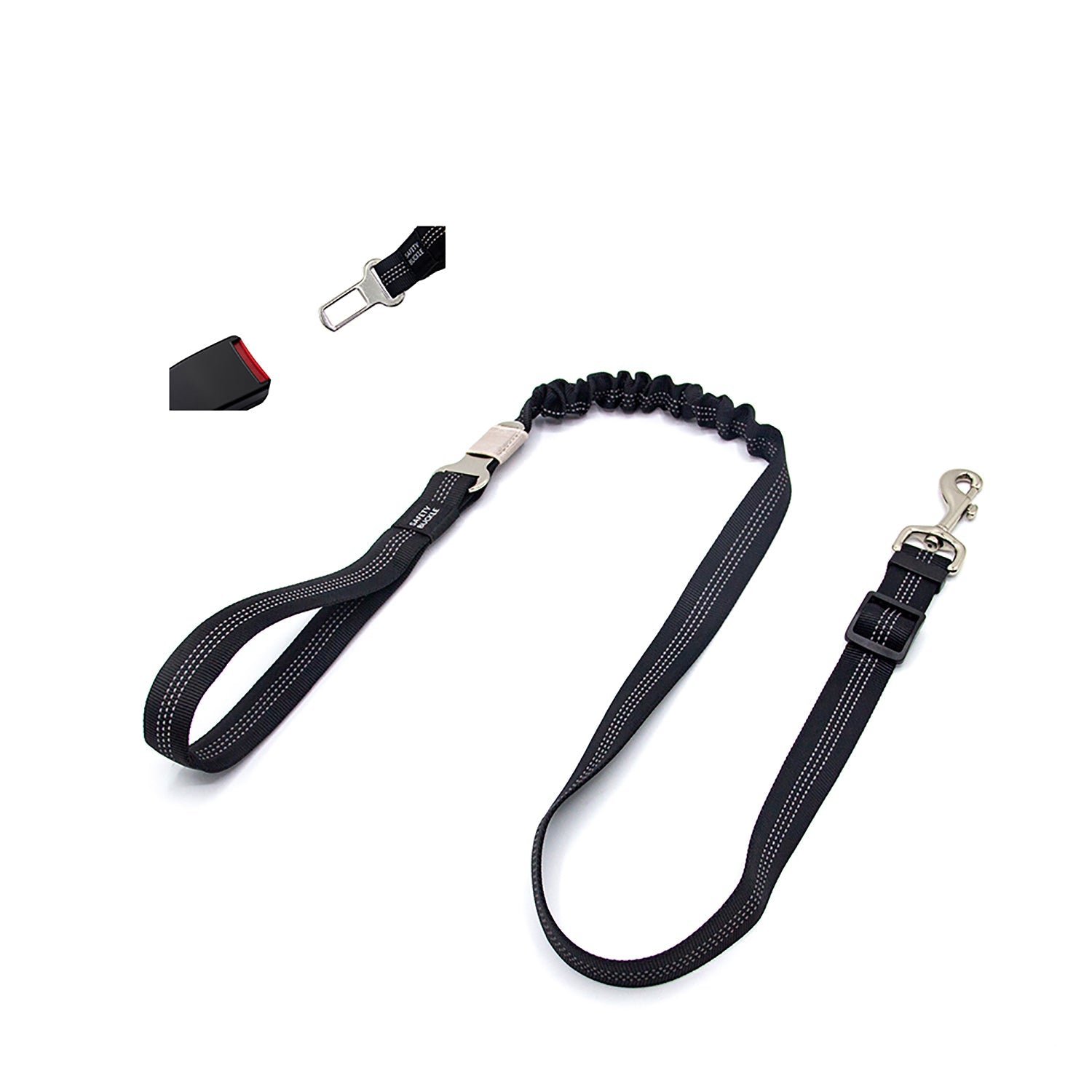 Dog leash with safety belt, with elastic shock absorption and strong carabiner