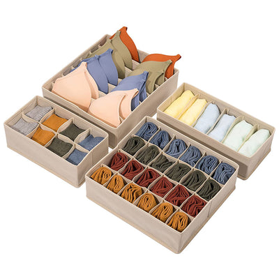 KAUKKO Drawer Underwear Organizer Divider ,Storage Bins for Storing Bra, Lingerie, Undies,4 Pieces Fabric Foldable Dresser Storage Basket Organizers Beige