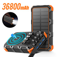 KAUKKO Solar Power Bank 36800MAh Fast Charging Solar Charger with 3 USB Output Ports External Battery Pack with 2 LEDs for Outdoor Camping(Orange)