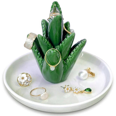 KAUKKO Cactus Ring Holder Green Jewelry Dish for Rings Earrings Bracelets Necklace Organizer, Cactus Gift for Women Birthday/Christmas，CR01-2