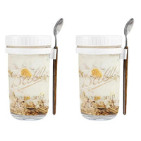 KAUKKO Overnight Oats Jars with Lid and Spoon Set of 2，600 ml Airtight Oatmeal Container with Measurement Marks, Mason Jars with Lid,White