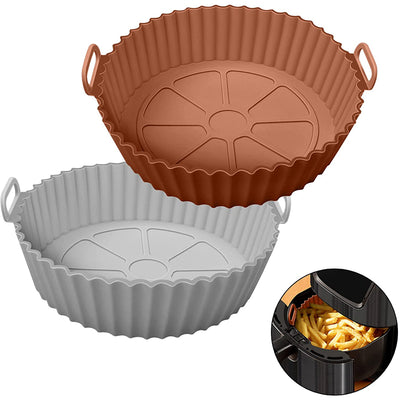 KAUKKO 2Pcs Air Fryer Silicone Liners Round Food Safe Non Stick Air Fryer Basket Oven Accessories, Reusable Replacement Fits 8 in Air Fryer Brown+Grey