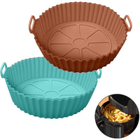 KAUKKO 2Pcs Air Fryer Silicone Liners Round Food Safe Non Stick Air Fryer Basket Oven Accessories, Reusable Replacement Fits 8 in Air Fryer Brown+Blue