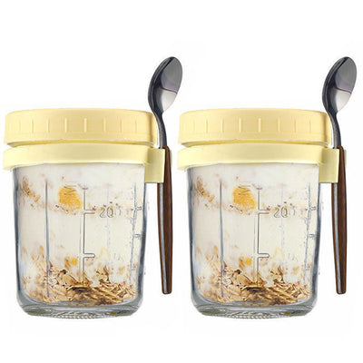 KAUKKO Overnight Oats Jars with Lid and Spoon Set of 2，350 ml Airtight Oatmeal Container with Measurement Marks, Mason Jars with Lid,Yellow