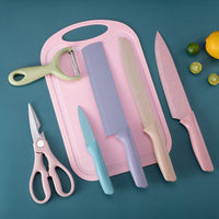 6-Piece Colorful Kitchen Knife Set - 6 Colored Stainless Steel Knives with Sheaths, Cutting Board, a pair of scissors, and a peeler