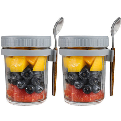 KAUKKO Overnight Oats Jars with Lid and Spoon Set of 2，350 ml Airtight Oatmeal Container with Measurement Marks, Mason Jars with Lid,Grey
