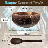 KAUKKO 4 pcs Coconut Bowls with Spoons, Wooden Salad Bowl Sets With Serving Utensils, 100% Natural Reusable Coconut Shell Bowls for Popcorn, Serving Dishes, Breakfast, Decoration, Party