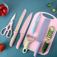 6-Piece Colorful Kitchen Knife Set - 6 Colored Stainless Steel Knives with Sheaths, Cutting Board, a pair of scissors, and a peeler