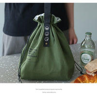 KAUKKO Canvas Insulated Lunch Bag with Drawstring Closure, Wide-Open Foldable and Lightweight Lunch Tote Bag, Cooler Tote Bag , Armygreen